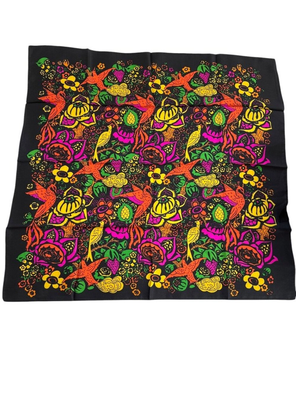 Bold Black neon birds flowers 100% silk handkerchief scarf